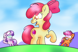 Size: 2880x1911 | Tagged: safe, artist:bugflower99, artist:iceflower99, imported from derpibooru, apple bloom, scootaloo, sweetie belle, earth pony, pegasus, pony, unicorn, cutie mark crusaders, female, filly, grin, open mouth, open smile, raised hoof, smiling, waving