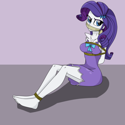 Size: 2000x2000 | Tagged: safe, artist:splendidbondage, imported from derpibooru, rarity, equestria girls, arm behind back, barefoot, bondage, bound and gagged, breasts, cloth gag, clothes, dress, feet, female, gag, high res, looking at you, nightgown, rope, rope bondage, solo, tied up