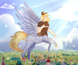 Size: 1280x1067 | Tagged: safe, artist:mojmojsanna, imported from derpibooru, derpy hooves, centaur, human, taur, centaurified, female, hat, humanized, letter, mailbag, mailmare hat, mailpony uniform, pegataur, ponyville, species swap