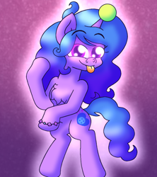 Size: 3500x3950 | Tagged: safe, artist:iceflower99, imported from derpibooru, izzy moonbow, pony, unicorn, spoiler:my little pony: a new generation, :p, ball, bipedal, chest fluff, female, g5, high res, horn, hornball, izzy's tennis ball, my little pony: a new generation, solo, tennis ball, tongue out