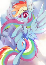 Size: 1358x1920 | Tagged: safe, artist:rariedash, imported from derpibooru, rainbow dash, pegasus, pony, cloud, ear fluff, female, flying, grin, happy, mare, sky, smiling, solo, spread wings, underhoof, wings