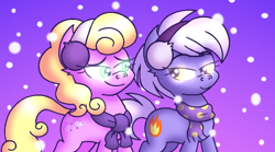 Size: 3600x2000 | Tagged: safe, artist:iceflower99, imported from derpibooru, burning passion, millie, earth pony, pony, best gift ever, clothes, duo, earmuffs, high res, scarf, scene interpretation, snow, snowfall