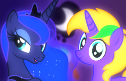 Size: 1170x750 | Tagged: safe, artist:iceflower99, imported from derpibooru, princess luna, oc, oc:buggy brush, alicorn, pony, unicorn, fanfic, fanfic art, fanfic cover