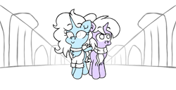 Size: 2340x1200 | Tagged: safe, artist:iceflower99, imported from derpibooru, oc, oc only, oc:buggy brush, oc:darky spell, original species, pony, unicorn, bow, canterlot castle, chest fluff, choker, daemonequus, fanfic, hair bow, horn, hug, sketch, winghug, wings