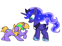 Size: 1980x1500 | Tagged: safe, artist:iceflower99, imported from derpibooru, princess luna, oc, oc:buggy brush, alicorn, pony, unicorn, blue eyes, crown, duo, fanfic, female, floppy ears, folded wings, green eyes, hoof shoes, horn, jewelry, looking at each other, mare, peytral, regalia, simple background, standing, tail, two toned mane, unicorn oc, wavy mouth, white background, wings, yellow tail