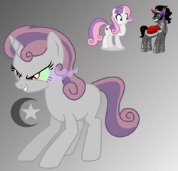 Size: 1243x1199 | Tagged: safe, artist:pastelnightyt, imported from derpibooru, king sombra, sweetie belle, oc, pony, unicorn, crack ship offspring, crescent moon, female, horn, male, moon, offspring, parent:king sombra, parent:sweetie belle, parents:sombrabelle, possessed, shipping, sombra eyes, sombrabelle, stars, straight, unicorn oc