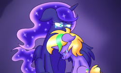 Size: 3600x2190 | Tagged: safe, artist:iceflower99, imported from derpibooru, princess luna, oc, oc:buggy brush, alicorn, pony, unicorn, crying, fanfic, high res, hug, vent, vent art, winghug, wings