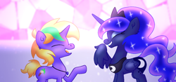 Size: 4800x2250 | Tagged: safe, artist:iceflower99, imported from derpibooru, princess luna, oc, oc:buggy brush, alicorn, pony, unicorn, canterlot castle, eyes closed, fanfic, laughing