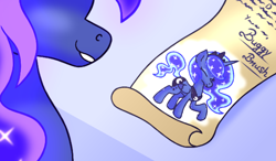 Size: 4000x2333 | Tagged: safe, artist:iceflower99, imported from derpibooru, princess luna, alicorn, pony, fanfic, letter, smiling