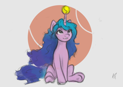 Size: 1984x1403 | Tagged: safe, artist:appletree12112, artist:appletree_at, imported from derpibooru, izzy moonbow, pony, unicorn, spoiler:my little pony: a new generation, ball, female, g5, horn, horn guard, horn impalement, hornball, izzy's tennis ball, long mane, mare, my little pony: a new generation, sitting, solo, tail, tennis ball, underhoof