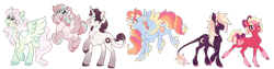 Size: 1920x481 | Tagged: safe, artist:bishopony, imported from derpibooru, oc, oc only, classical unicorn, earth pony, hybrid, pegasus, pony, unicorn, cloven hooves, earth pony oc, freckles, glasses, horn, interspecies offspring, leonine tail, magical lesbian spawn, offspring, parent:applejack, parent:big macintosh, parent:cheerilee, parent:coco pommel, parent:donut joe, parent:fluttershy, parent:pinkie pie, parent:princess skystar, parent:rainbow dash, parent:rarity, parent:twilight sparkle, parent:vapor trail, parents:cheerijack, parents:cocodash, parents:rarijoe, parents:skypie, parents:twimac, parents:vaporshy, pegasus oc, simple background, transparent background, unicorn oc, unshorn fetlocks