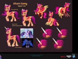 Size: 1888x1420 | Tagged: safe, artist:imalou, imported from derpibooru, princess luna, sunny starscout, twilight sparkle, alicorn, pony, the last problem, spoiler:g5, spoiler:my little pony: a new generation, 3d, alicornified, concept art, female, g5, mare, my little pony: a new generation, older, older twilight, princess sunny daze, princess twilight 2.0, race swap, sunnycorn, twilight sparkle (alicorn)