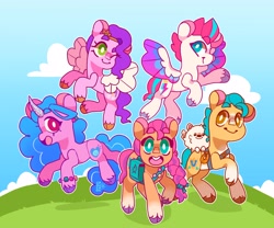 Size: 4000x3331 | Tagged: safe, artist:cocopudu, imported from derpibooru, hitch trailblazer, izzy moonbow, pipp petals, sunny starscout, zipp storm, earth pony, pegasus, pony, unicorn, spoiler:my little pony: a new generation, cloud, cloudpuff, critter magnet, cute, female, flying, g5, high res, male, mane five (g5), mare, my little pony: a new generation, one eye closed, open mouth, open smile, pin, sash, satchel, smiling, spread wings, stallion, white pupils, wings, wink
