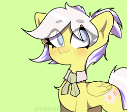 Size: 4500x4000 | Tagged: safe, artist:osukel, imported from derpibooru, oc, oc only, oc:cham'o'mile, pegasus, pony, blushing, cel shading, colored, cute, green background, pegasus oc, shading, simple background, solo