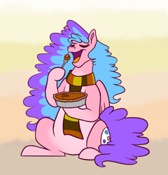 Size: 2739x2858 | Tagged: safe, artist:bella-pink-savage, imported from derpibooru, oc, oc only, oc:bella pinksavage, pegasus, pony, clothes, eathing, eyes closed, female, food, herbivore, high res, hoof hold, pie, pumpkin pie, scarf, sitting, solo