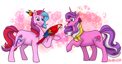 Size: 4621x2445 | Tagged: safe, artist:bella-pink-savage, imported from derpibooru, garden wishes, sunrise song, bird, macaw, pony, unicorn, duo, female, g3