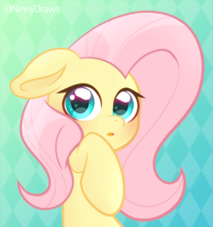 Size: 1604x1716 | Tagged: safe, artist:ninnydraws, imported from derpibooru, fluttershy, pegasus, pony, :o, blushing, bust, covering, cute, daaaaaaaaaaaw, female, floppy ears, looking at you, mare, open mouth, raised hoof, shy, shyabetes, solo