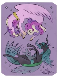 Size: 753x1000 | Tagged: safe, artist:kalabash92, imported from derpibooru, princess cadance, queen chrysalis, alicorn, changeling, changeling queen, pony, crying, duo, female