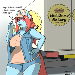 Size: 3000x3000 | Tagged: safe, artist:lex-i-paws, imported from derpibooru, oc, oc only, oc:ruby blossom, anthro, earth pony, breasts, chubby, cleavage, clothes, curvy, female, high res, plump, pun, shorts, solo, truck, trucker, vest, visual pun
