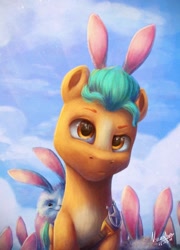 Size: 776x1080 | Tagged: safe, artist:noashank, imported from derpibooru, hitch trailblazer, earth pony, pony, rabbit, spoiler:my little pony: a new generation, animal, bunny ears, cloud, critter magnet, g5, male, my little pony: a new generation, stallion, those critters sure do love that pony
