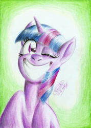 Size: 1658x2328 | Tagged: safe, artist:3500joel, imported from derpibooru, twilight sparkle, pony, ambiguous race, big grin, female, grin, one eye closed, smiling, solo, traditional art, wink