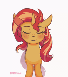 Size: 800x914 | Tagged: safe, artist:katakiuchi4u, imported from derpibooru, sunset shimmer, pony, unicorn, equestria girls, animated, bouncing, cute, eyes closed, female, floppy ears, frame by frame, freckles, gif, headbang, mare, peppered bacon, ponytober, shimmerbetes, simple background, smiling, solo, white background