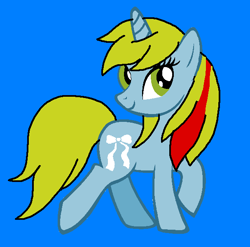 Size: 607x600 | Tagged: safe, artist:piggyman54, imported from derpibooru, ribbon (g1), pony, unicorn, blue background, cute, female, g1, g1 to g4, g4, generation leap, mare, ribbon being stylish, ribbondorable, simple background, smiling, solo