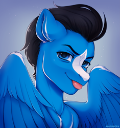 Size: 2941x3127 | Tagged: safe, artist:muhomora, imported from derpibooru, oc, oc only, oc:enduro elite, pony, unicorn, blaze (coat marking), bust, coat markings, facial markings, head, high res, portrait, smiling, solo, tongue out