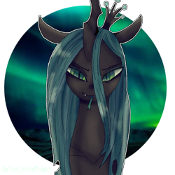 Size: 768x768 | Tagged: safe, artist:saltytangerine, imported from derpibooru, queen chrysalis, changeling, changeling queen, bust, circle background, crown, fangs, female, forked tongue, jewelry, regalia, simple background, solo, tongue out, transparent background