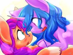 Size: 4096x3072 | Tagged: safe, artist:zemlya, imported from derpibooru, izzy moonbow, sunny starscout, earth pony, pony, unicorn, spoiler:my little pony: a new generation, blushing, bracelet, coat markings, eye clipping through hair, eyebrows, eyebrows visible through hair, female, friendship bracelet, g5, high res, izzyscout, jewelry, lesbian, looking at each other, mare, my little pony: a new generation, open mouth, shipping, socks (coat markings)