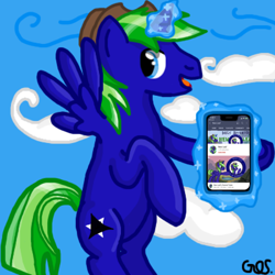 Size: 400x400 | Tagged: safe, artist:mudkip91/tetrahedron, edit, imported from derpibooru, oc, oc:new leaf, alicorn, pony, breeze, cellphone, cloud, cowboy hat, cute, day, flying, happy, hat, iphone, looking back, magic, magic aura, meta, phone, sky, smartphone, youtube, youtube banner, youtube channel, youtube video