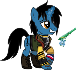 Size: 1405x1298 | Tagged: safe, artist:lightningbolt, derpibooru exclusive, imported from derpibooru, pony, unicorn, .svg available, boots, button, clothes, danger days: the true lives of the fabulous killjoys, frank iero, glowing, glowing horn, grin, gun, horn, horn piercing, jacket, jewelry, lidded eyes, male, my chemical romance, necklace, piercing, ponified, raised hoof, ray gun, shirt, shoes, show accurate, simple background, smiling, solo, stallion, svg, t-shirt, tattoo, transparent background, undershirt, vector, vest, weapon, wristband, zipper