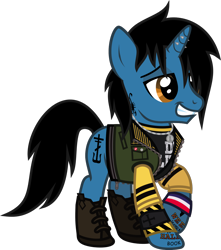 Size: 1150x1298 | Tagged: safe, artist:lightningbolt, derpibooru exclusive, imported from derpibooru, pony, unicorn, .svg available, boots, button, clothes, danger days: the true lives of the fabulous killjoys, frank iero, grin, horn, horn piercing, jacket, jewelry, lidded eyes, male, my chemical romance, necklace, piercing, ponified, raised hoof, shirt, shoes, show accurate, simple background, smiling, solo, stallion, svg, t-shirt, tattoo, transparent background, undershirt, vector, vest, wristband, zipper