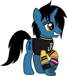 Size: 1150x1298 | Tagged: safe, artist:lightningbolt, derpibooru exclusive, imported from derpibooru, pony, unicorn, .svg available, clothes, danger days: the true lives of the fabulous killjoys, frank iero, grin, horn, horn piercing, lidded eyes, male, my chemical romance, piercing, ponified, raised hoof, shirt, show accurate, simple background, smiling, solo, stallion, svg, t-shirt, tattoo, transparent background, vector, wristband