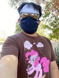 Size: 2316x3088 | Tagged: safe, imported from derpibooru, pinkie pie, human, chocolate, chocolate milk, clothes, cotton candy, glasses, high res, irl, irl human, mask, milk, photo, selfie, shirt