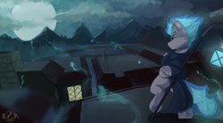 Size: 2760x1526 | Tagged: safe, artist:beardie, imported from derpibooru, oc, oc only, oc:deathlight, city, cloud, fire, moon, mountain, mountain range, night, painting, sky, stars