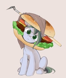 Size: 927x1100 | Tagged: safe, artist:jewellier, imported from derpibooru, oc, oc only, oc:dusty soil, earth pony, pony, burger, burger costume, clothes, costume, cute, female, food, food costume, frown, hamburger, hamburger costume, hoe (tool), looking at you, mare, oda 997, simple background, solo, unamused