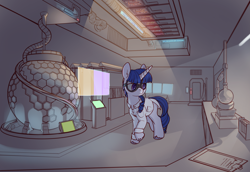 Size: 5639x3889 | Tagged: safe, artist:yoditax, imported from derpibooru, oc, oc only, oc:aurora (homestead), pony, unicorn, beaker, chemistry, clipboard, clothes, community related, ear fluff, female, flask, goggles, hologram, homestead, horn, lab, lab coat, laboratory, long horn, mare, runes, safety goggles, science, scientist, solo, test tube, unicorn oc, unshorn fetlocks