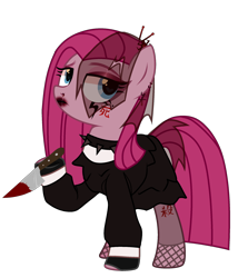Size: 2054x2394 | Tagged: safe, alternate version, artist:idkhesoff, imported from derpibooru, pinkie pie, earth pony, pony, alternate hairstyle, blood, choker, clothes, dress, ear piercing, earring, eyeshadow, female, fingerless gloves, fishnets, gloves, goth, hairpin, high res, japanese, jewelry, knife, leggings, lipstick, makeup, mare, nose piercing, piercing, pinkamena diane pie, simple background, solo, spiked choker, tattoo, transparent background, veil