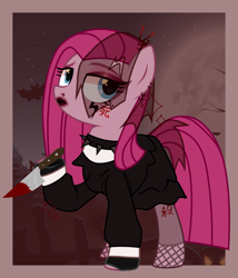 Size: 2054x2394 | Tagged: safe, alternate version, artist:idkhesoff, derpibooru exclusive, imported from derpibooru, pinkie pie, earth pony, pony, alternate hairstyle, blood, choker, clothes, dress, ear piercing, earring, eyeshadow, female, fingerless gloves, fishnets, gloves, goth, hairpin, high res, japanese, jewelry, knife, leggings, lipstick, makeup, mare, nose piercing, piercing, pinkamena diane pie, solo, spiked choker, tattoo, veil