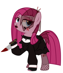 Size: 2054x2394 | Tagged: safe, alternate version, artist:idkhesoff, imported from derpibooru, pinkie pie, earth pony, pony, alternate hairstyle, blood, choker, clothes, dress, ear piercing, earring, eyeshadow, female, fingerless gloves, fishnets, gloves, goth, hairpin, high res, japanese, jewelry, knife, leggings, lipstick, makeup, mare, nose piercing, piercing, pinkamena diane pie, simple background, solo, spiked choker, tattoo, veil, white background