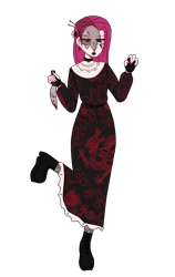 Size: 1126x1784 | Tagged: safe, artist:idkhesoff, imported from derpibooru, pinkie pie, human, spider, alternate hairstyle, blood, boots, choker, clothes, dress, ear piercing, earring, eyeshadow, fingerless gloves, fishnets, gloves, goth, hairpin, humanized, japanese, jewelry, knife, lipstick, makeup, nose piercing, piercing, pinkamena diane pie, shoes, simple background, solo, spiked choker, tattoo, transparent background, veil