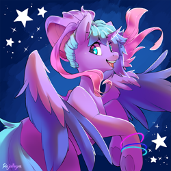 Size: 1181x1181 | Tagged: safe, artist:ginjallegra, imported from derpibooru, oc, oc only, alicorn, pony, bracelet, colored wings, female, jewelry, looking at you, mare, multicolored hair, multicolored wings, underhoof, wings