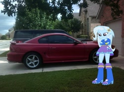Size: 1280x953 | Tagged: safe, artist:creativet01, imported from derpibooru, trixie, equestria girls, equestria girls (movie), boots, car, clothes, driveway, equestria girls in real life, female, ford, ford mustang, high heel boots, hoodie, irl, mud, mud puddle, pants, photo, puddle, shirt, shoes, skirt, solo