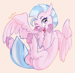 Size: 639x623 | Tagged: safe, artist:ginjallegra, imported from derpibooru, silverstream, hippogriff, beak, claws, cute, diastreamies, female, happy, heart eyes, looking at you, one eye closed, open beak, open mouth, open smile, simple background, smiling, solo, underhoof, wingding eyes