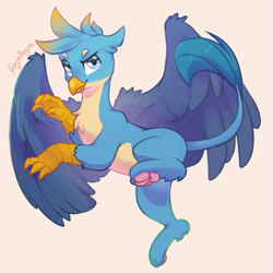 Size: 617x617 | Tagged: safe, artist:ginjallegra, derpibooru exclusive, imported from derpibooru, gallus, griffon, looking at you, male, paw pads, paws, simple background, smiling, solo, wings