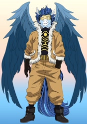 Size: 1716x2447 | Tagged: safe, artist:inisealga, imported from derpibooru, oc, oc only, oc:soaring spirit, anthro, pegasus, abstract background, anime, aviator goggles, bomber jacket, boots, clothes, cosplay, costume, gloves, goggles, gradient background, hawks, jacket, male, my hero academia, pants, pegasus oc, shoes, solo, spread wings, stallion, wings
