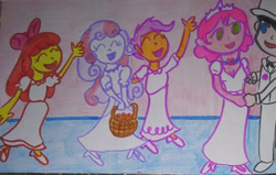 Size: 1280x813 | Tagged: safe, artist:dex stewart, imported from derpibooru, apple bloom, scootaloo, sweetie belle, equestria girls, chiro, cutie mark crusaders, jinmay, marriage, request, super robot monkey team hyperforce go!, traditional art, wedding