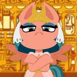 Size: 1024x1024 | Tagged: safe, artist:thegreatrouge, imported from derpibooru, somnambula, pegasus, pony, animal crossing, ankha, ankha zone, clothes, crossed arms, crossover, egyptian, eyeshadow, female, looking at you, looking down, looking down at you, makeup, mare, meme, parody, ponified meme, see-through, solo, spread wings, unamused, wings