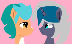 Size: 584x355 | Tagged: safe, artist:jadeharmony, artist:swaggykittycat, imported from derpibooru, hitch trailblazer, oc, oc:elizabat stormfeather, alicorn, bat pony, bat pony alicorn, earth pony, pony, alicorn oc, base used, bat pony oc, bat wings, canon x oc, female, g5, horn, looking at each other, male, mare, markings, pink background, simple background, stallion, straight, wings